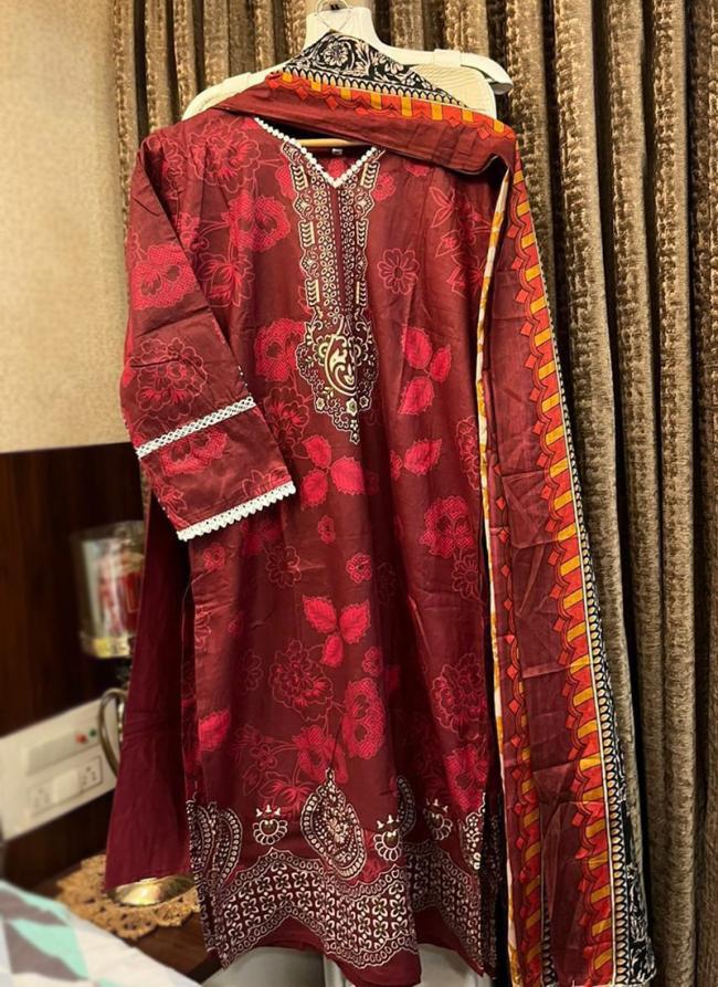 Cotton Red Traditional Wear Printed Readymade Pakistani Suit